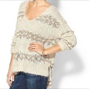 Free People Linus Eyelash Fuzzy Sweater In Beige Brown Stripe Size: Small